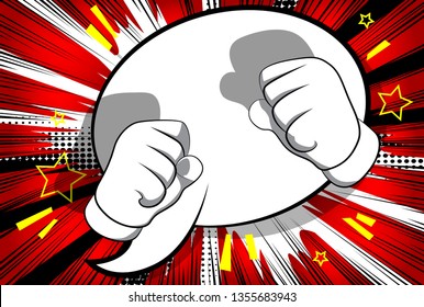 Vector cartoon hands ready to fight. Illustrated hand sign on comic book background.