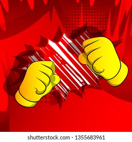 Vector cartoon hands ready to fight. Illustrated hand sign on comic book background.