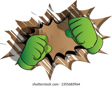 Vector cartoon hands ready to fight. Illustrated hand sign on comic book background.