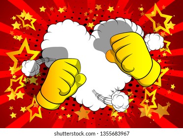Vector cartoon hands ready to fight. Illustrated hand sign on comic book background.