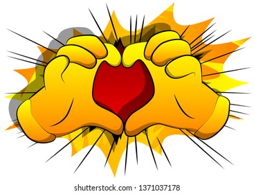 Vector cartoon hands showing heart shape hand gesture. Illustrated hand sign on comic book background.