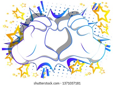 Vector cartoon hands showing heart shape hand gesture. Illustrated hand sign on comic book background.