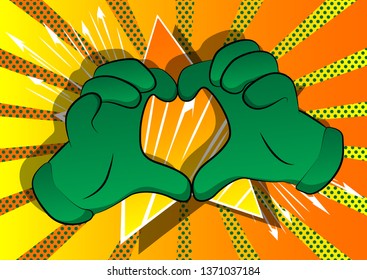 Vector cartoon hands showing heart shape hand gesture. Illustrated hand sign on comic book background.