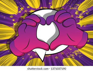 Vector cartoon hands showing heart shape hand gesture. Illustrated hand sign on comic book background.