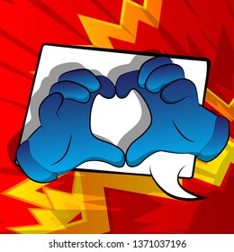 Vector cartoon hands showing heart shape hand gesture. Illustrated hand sign on comic book background.