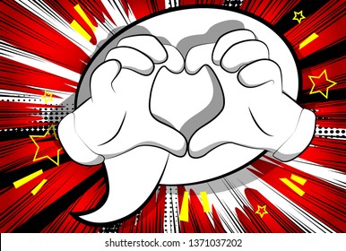 Vector cartoon hands showing heart shape hand gesture. Illustrated hand sign on comic book background.