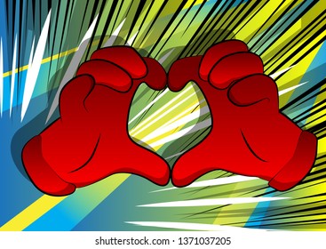 Vector cartoon hands showing heart shape hand gesture. Illustrated hand sign on comic book background.
