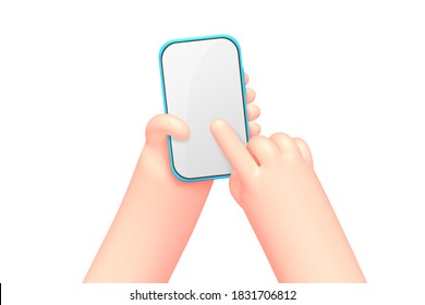 Vector cartoon hands with smart phone, scrolling or searching for something, isolated on white background. Application, service concept illustration.