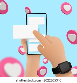 Vector Cartoon Hands With Smart Phone, Scrolling Or Searching For Something, Isolated On Blue Background. Social Media Background, Heart Vector