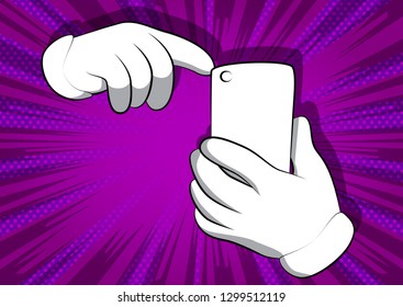 Vector cartoon hands using a mobile phone. Illustrated hand expression, gesture on comic book background.