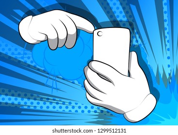 Vector cartoon hands using a mobile phone. Illustrated hand expression, gesture on comic book background.