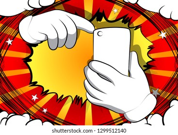 Vector cartoon hands using a mobile phone. Illustrated hand expression, gesture on comic book background.