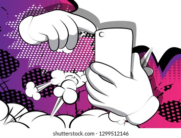 Vector cartoon hands using a mobile phone. Illustrated hand expression, gesture on comic book background.
