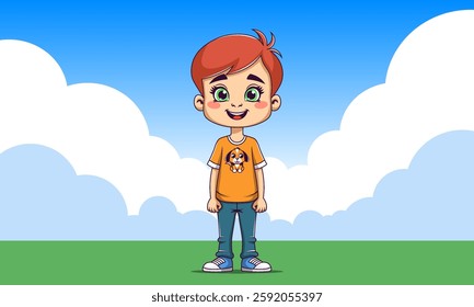 Vector cartoon handsome kawaii smiling cheerful standing boy in t-shirt with puppy, pants and sneakers. Happy childhood. Toon bright clouds and blue sky.