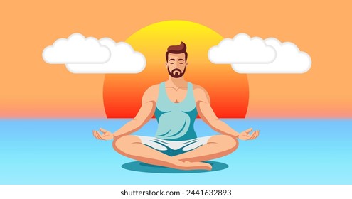 Hombre guapo de dibujos animados con barba y bigote, que lleva una camiseta y pantalones cortos, hace yoga y se sienta en la posición de loto. Sol y nubes. Prácticas espirituales.