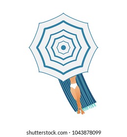 Vector cartoon handsome young man sunbathing lying at mattress under sun umbrella beach near swimming pool. Vacation summer travelling and holiday concept. Isolated illustration on a white background