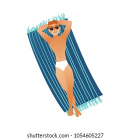 Vector cartoon handsome young man sunbathing lying at mattress on beach or near swimming pool. Vacation summer travelling and holiday concept. Isolated illustration on a white background