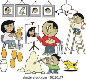 Vector cartoon of happy African American family enjoying their artistic hobbies.