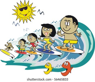 Vector cartoon of happy African family riding large wave on surfboards.