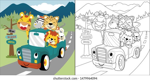 Vector cartoon of happy animals on truck with scenic background, coloring book or page