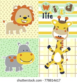 vector cartoon of happy animals on ornament background