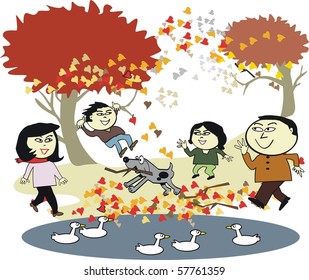 Vector cartoon of happy Asian family enjoying walk outdoors in autumn.