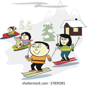 Vector Cartoon Of Happy Asian Family Skiing On Mountain Slopes.