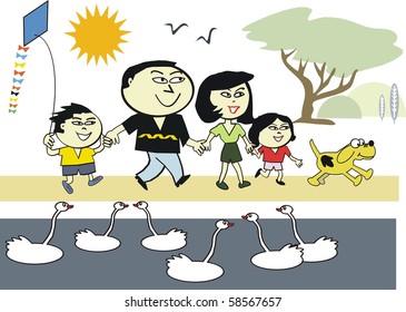 Vector cartoon of happy Asian family enjoying walk beside lake with swans.