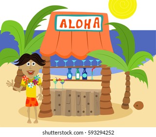 Vector cartoon happy bartender in front of a Tiki bar.
