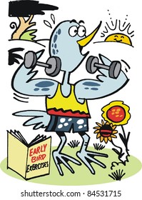 Vector cartoon of happy bird exercising with weights