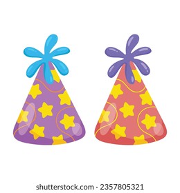 Vector cartoon happy birthday party celebration cone decorated hats.