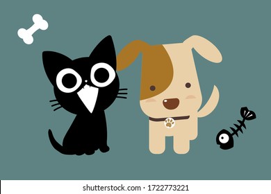 Vector cartoon happy black cat and lovely dog sitting together on pastel color background.
