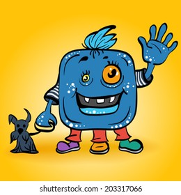 vector cartoon happy blue monster with dog