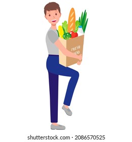 Vector cartoon happy boy holding eco paper grocery bags with fresh healthy organic food. Caring for the environment concept. Eco food shopping.