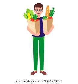 Vector cartoon happy boy holding eco paper grocery bags with fresh organic food. Caring for the environment concept. Eco food shopping.