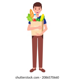 Vector cartoon happy boy holding eco paper grocery bags with fresh healthy food. Caring for the environment concept. Eco food shopping.