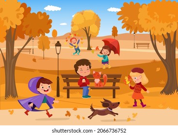 Vector cartoon happy boys and girls playing with autumn leaves, walking with dog, having fun outdoors at autumn park with trees and bench background. Cheerful teens enjoy outdoor autumn activity