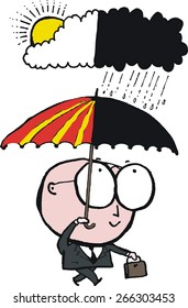 Vector cartoon of happy business executive carrying umbrella under cloud with rain and sunshine. 