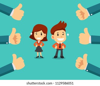 Vector cartoon happy businessman and businesswoman with many thumbs up hands for design.