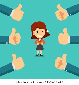 Vector cartoon happy businesswoman with many thumbs up hands for design.