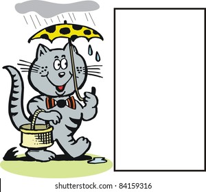Vector cartoon of happy cat with umbrella in rain