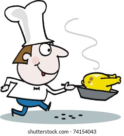 Vector cartoon of happy chef running with pan-fried chicken.