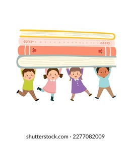 Vector cartoon happy children carrying pile of books