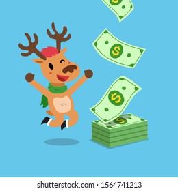 Vector cartoon happy christmas reindeer earning money for design.