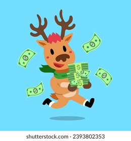 Vector cartoon happy christmas reindeer with money for design.
