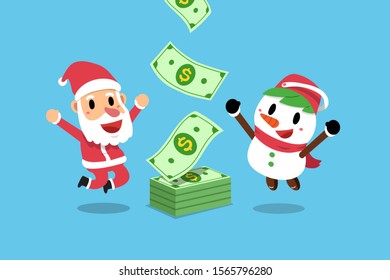 Vector cartoon happy christmas santa claus and snowman earning money for design.
