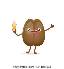 vector cartoon happy coffee bean character holding coffee cup isolated on white background. funky food character character