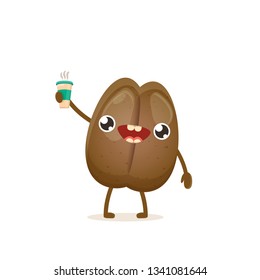 vector cartoon happy coffee bean character holding hipsters coffee cup isolated on white background. funky food character character