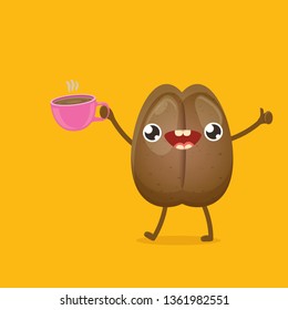 vector cartoon happy coffee bean character holding coffee cup isolated on white background. funky food character character