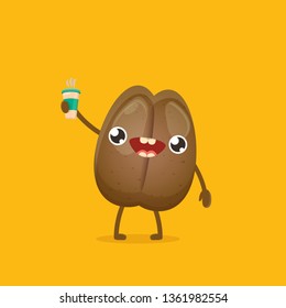 vector cartoon happy coffee bean character holding coffee cup isolated on white background. funky food character character